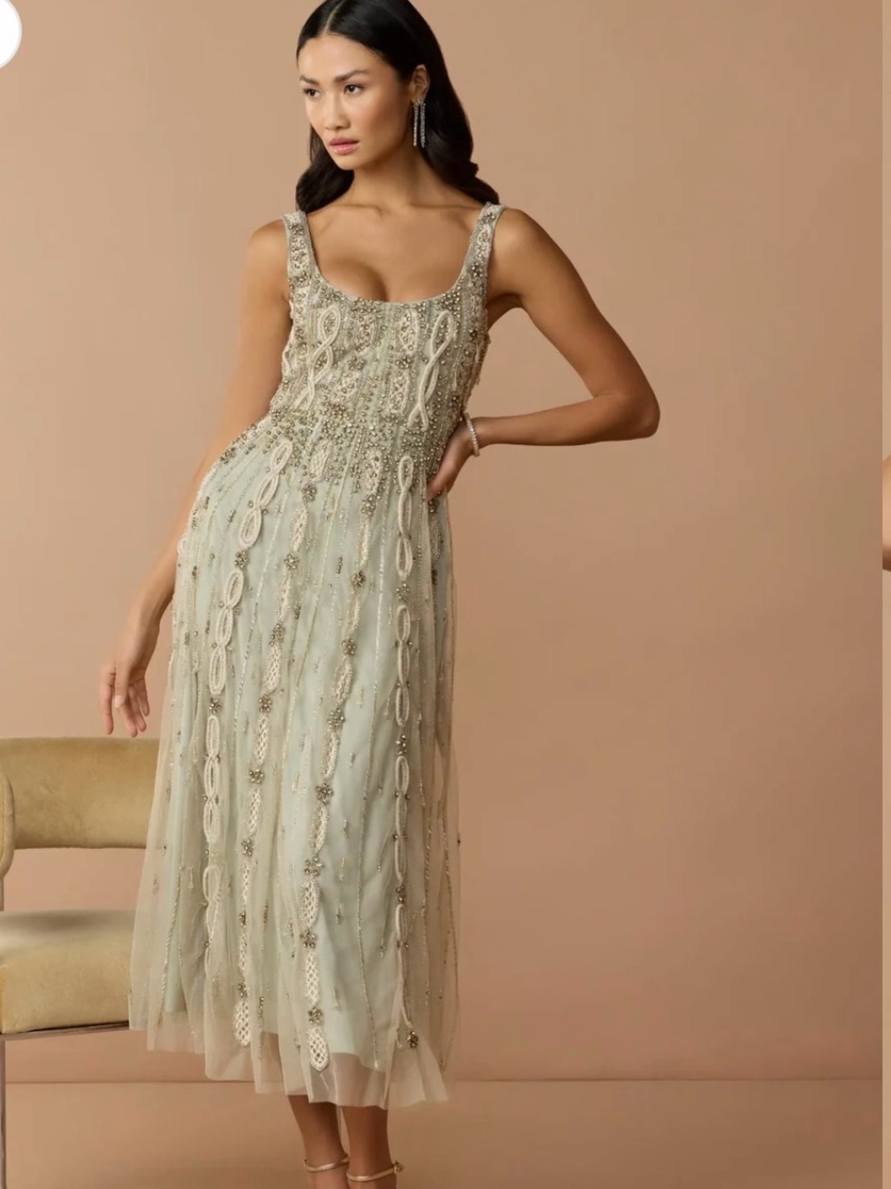 Mac Duggal Sage Beaded Tulle Midi Dress